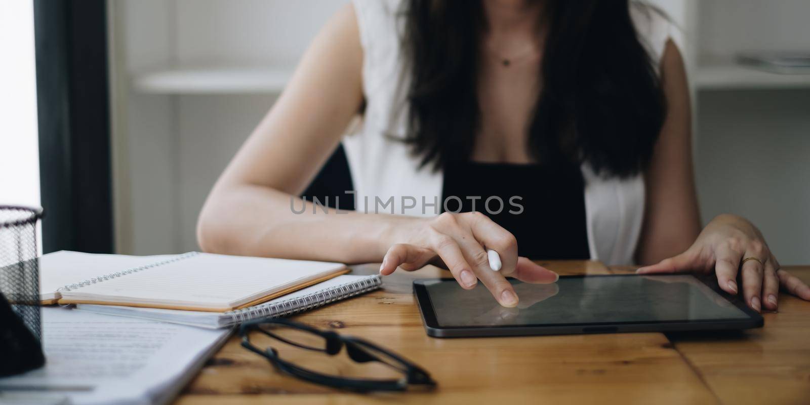 business woman holding digital tablet. Blank screen for your advertising.