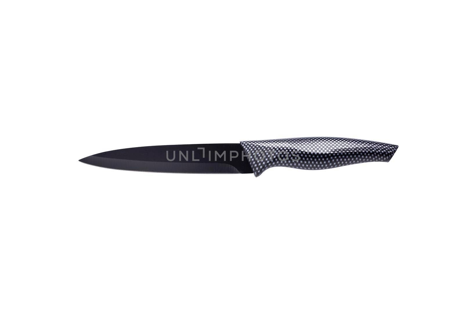 High-quality stainless steel universal knife with black non-stick antibacterial coating, isolated on white with clipping path. Ideal for professional and semi-professional kitchen work.