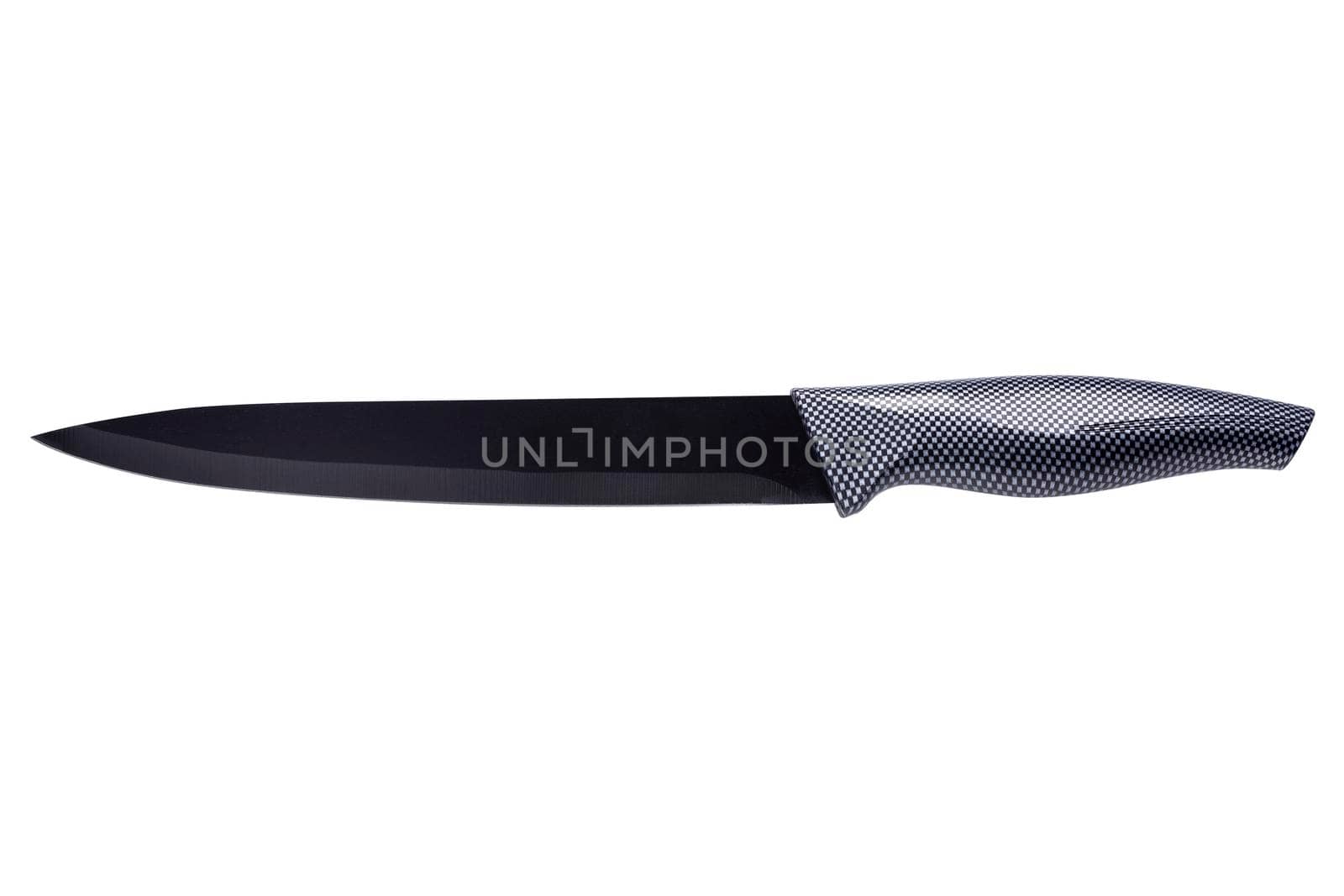 High-quality stainless steel professional slicing knife with black non-stick antibacterial coating.  Ideal for professional and semi-professional use, isolated on white with clipping path.