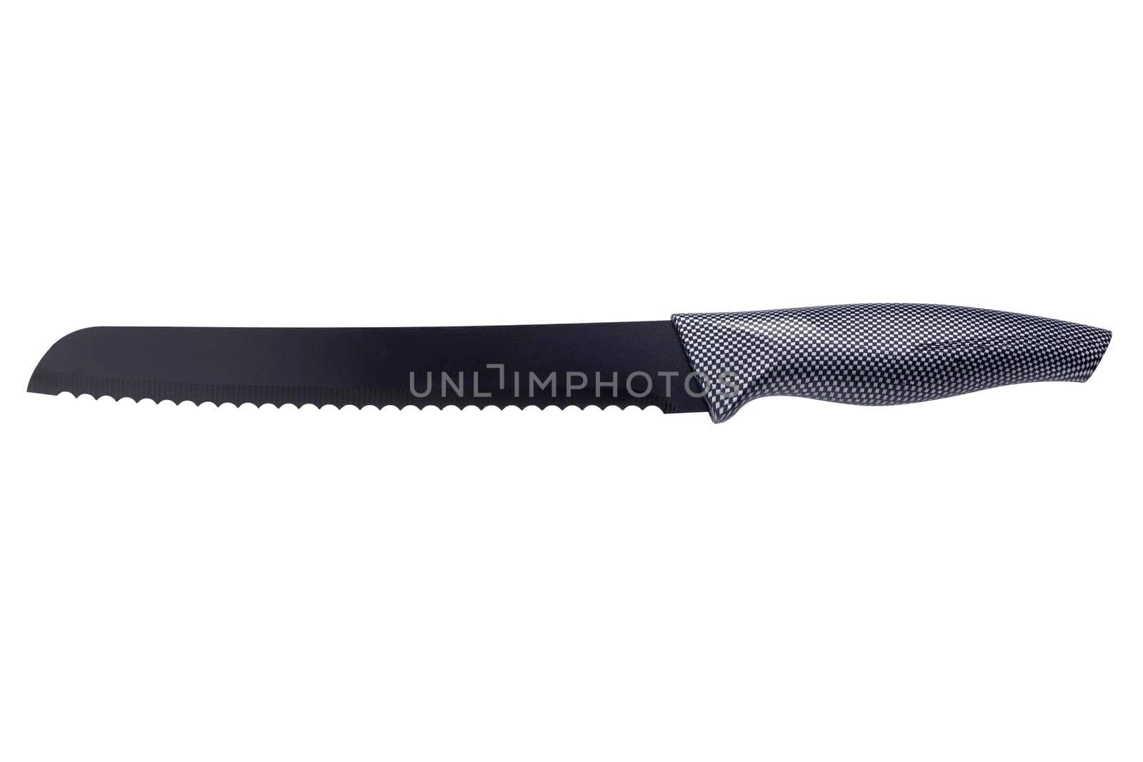 High-quality and durable serrated stainless steel bread knife with black non-stick antibacterial coating, isolated on white with clipping path.
Ideal for professional and semi-professional kitchen workflow.