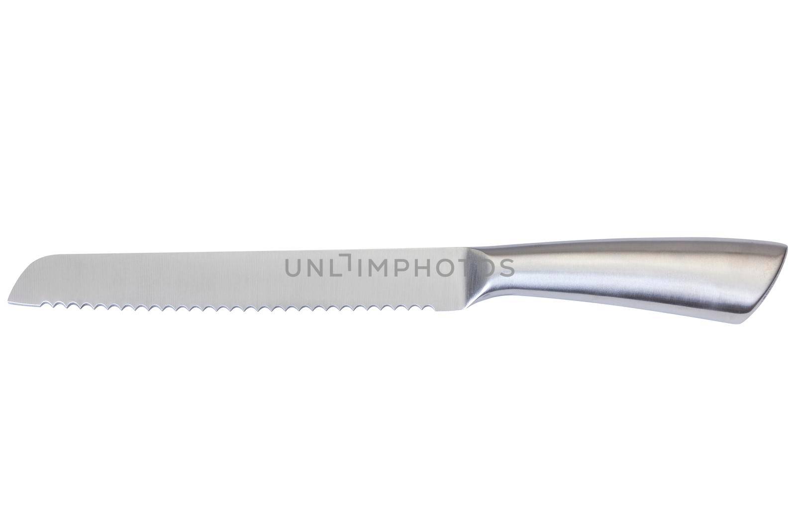 High-quality, high-durable stainless steel serrated bread knife, isolated on white with clipping path.