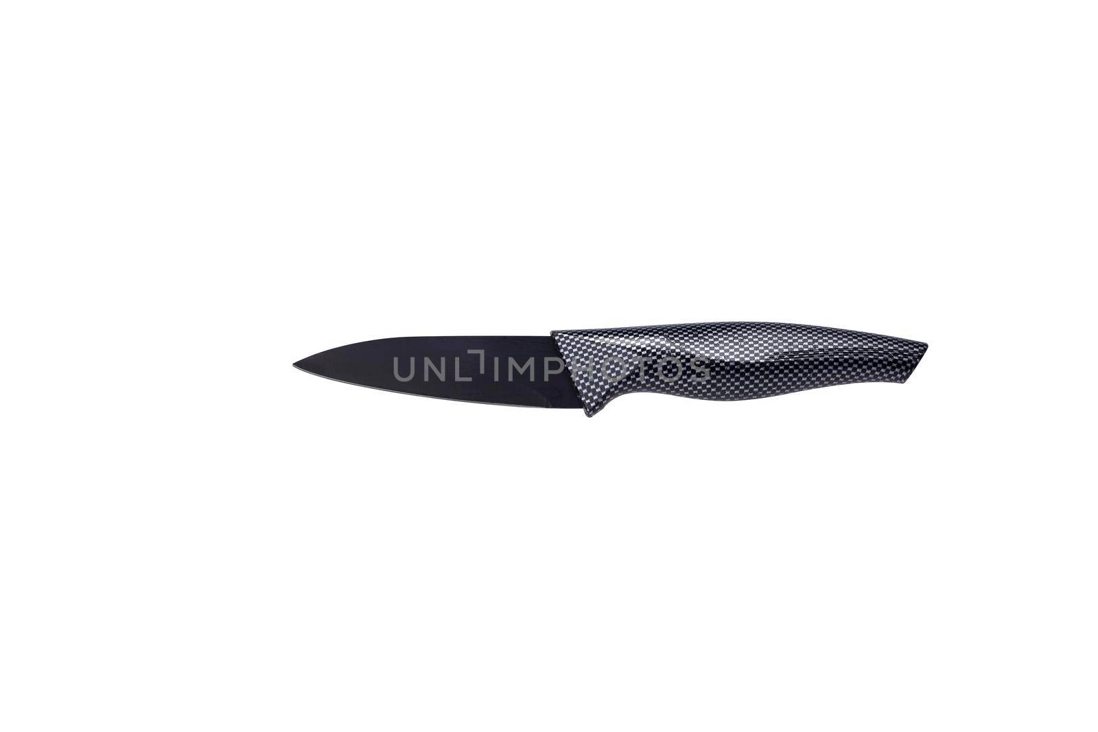 High-quality stainless steel peeling knife with black non-stick antibacterial coating, isolated on white. by vdimage