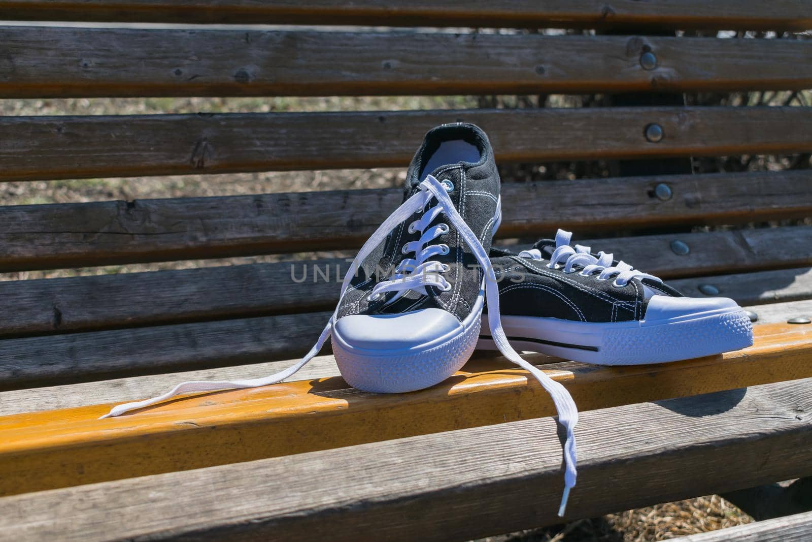 New sports sneakers for walking or running, lie on a park bench in summer