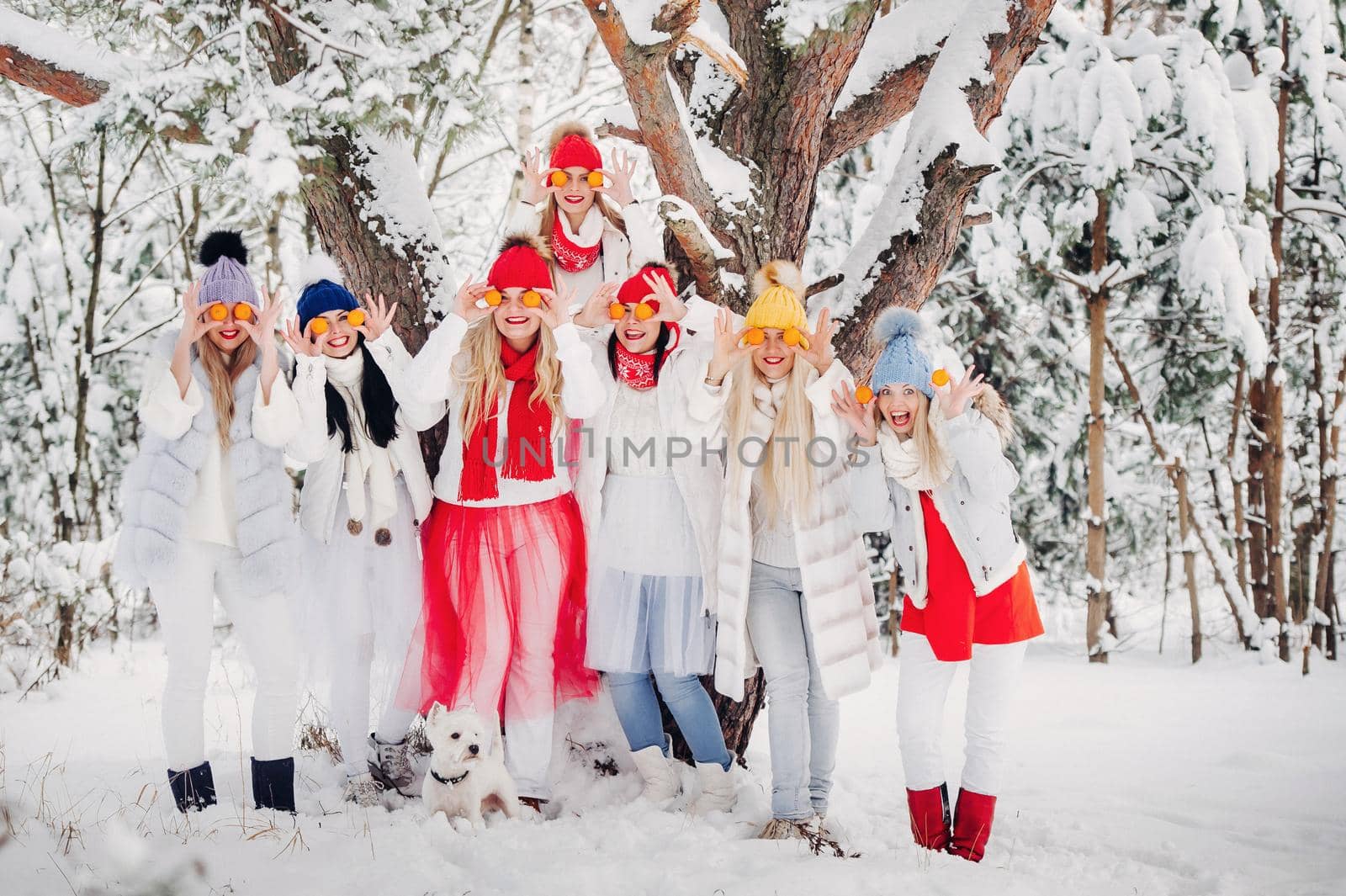 A large group of girls with tangerines are standing in the winter forest.Girls in red and white clothes with fruit in a snow-covered forest by Lobachad