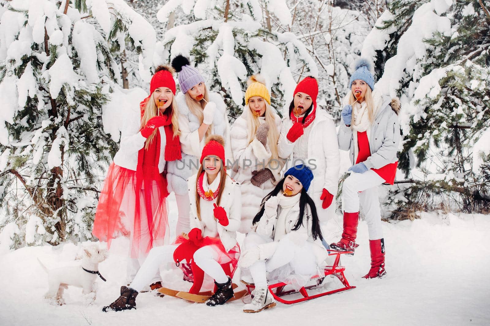 A large group of girls with lollipops in their hands stands in the winter forest.Girls in red and white clothes with candy in a snow-covered forest