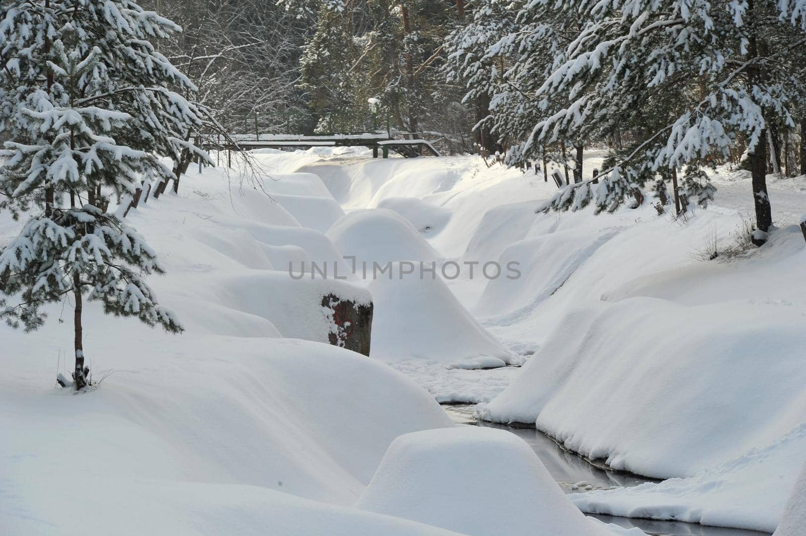 Winter landscape of a mountain river in the snow, around the forest.