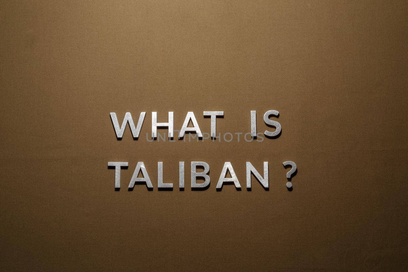 the question what is taliban laid with silver metal letters on rough flat tan khaki canvas fabric surface