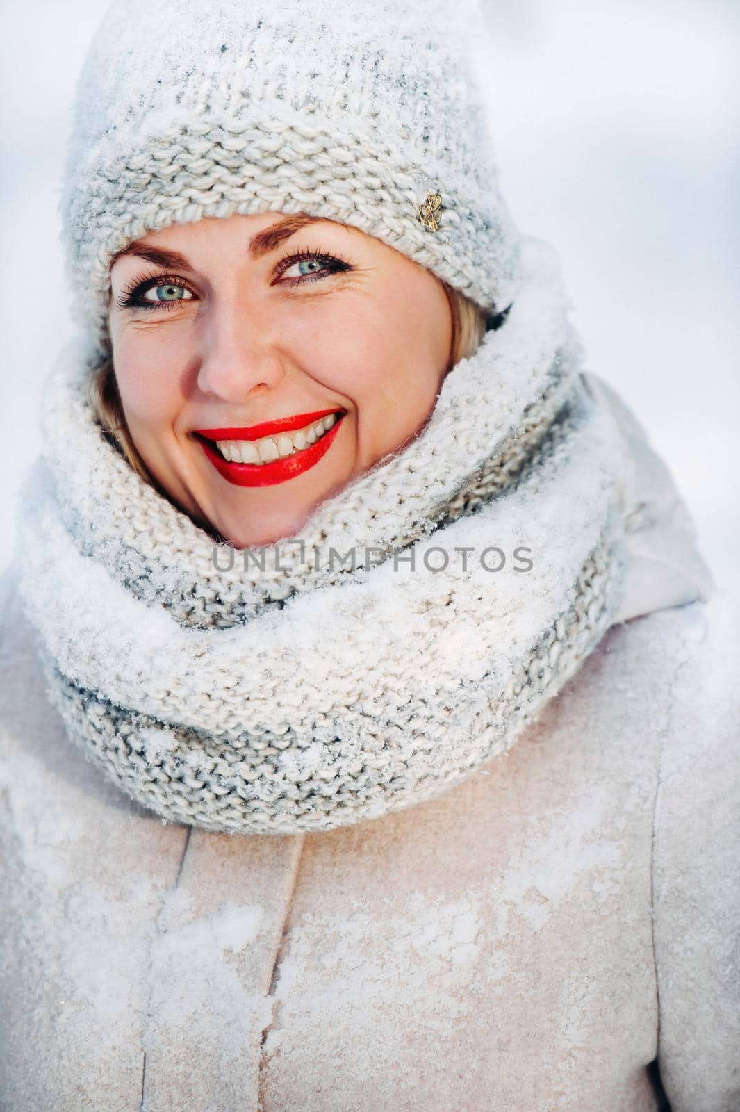 Portrait of a woman in gray clothes in a winter forest.Girl in the new year's snow-covered forest. by Lobachad