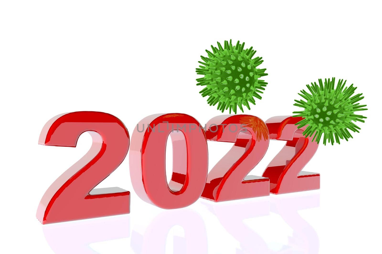 3D illustration of the danger of coronavirus in the new year 2022. 2022 and virus molecules on white background
