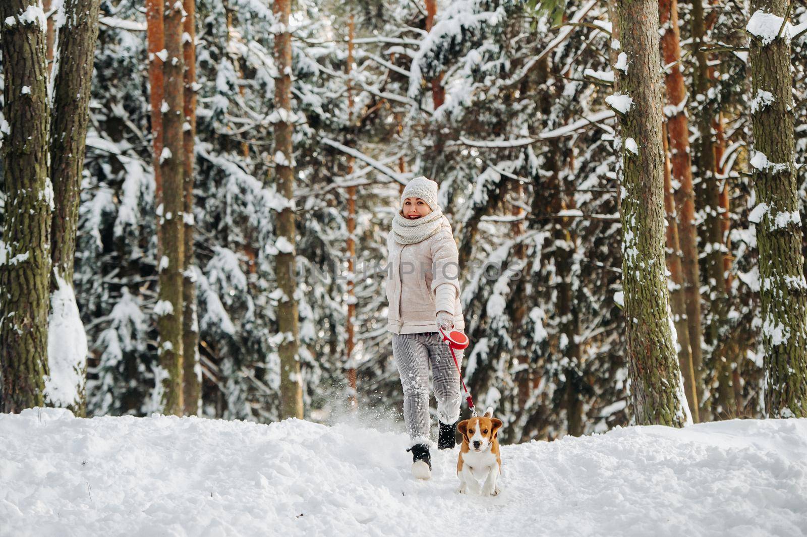 a woman on a walk with her dog in the winter forest. mistress and dog game in the snowy forest.