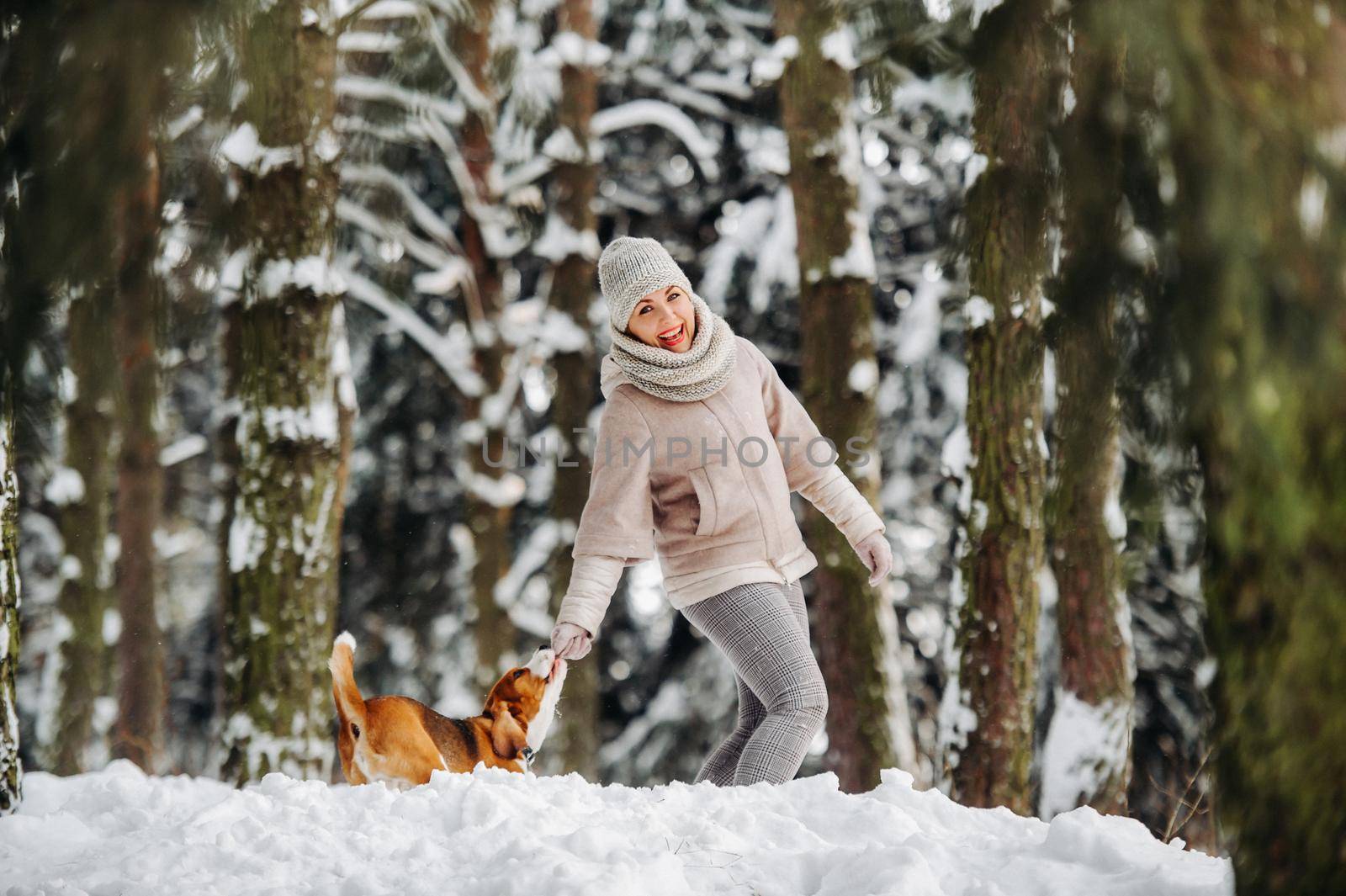 a woman on a walk with her dog in the winter forest. mistress and dog game in the snowy forest.