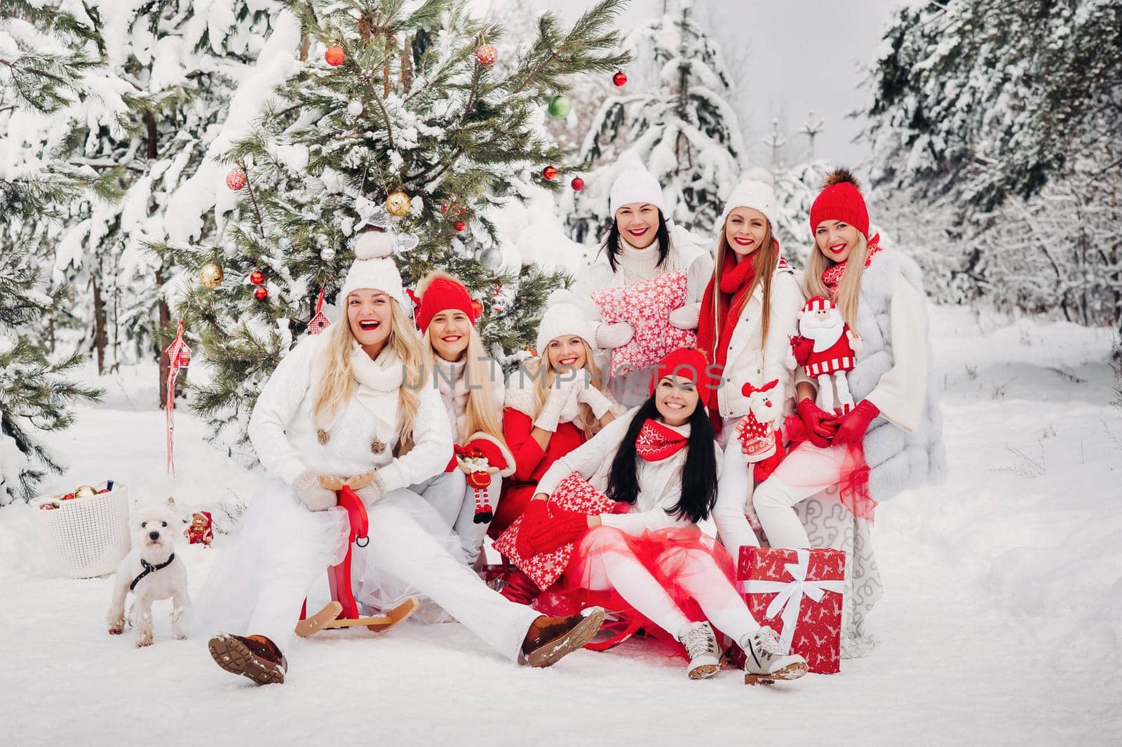 A large group of girls with Christmas gifts in their hands standing in the winter forest.Girls in red and white clothes with Christmas gifts in the snowy forest by Lobachad