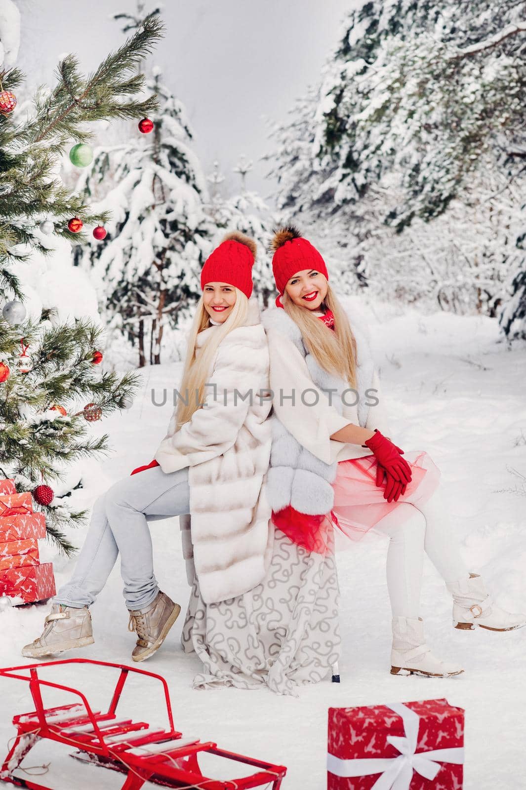 Two girls in the winter forest near a decorated Christmas tree.Girls on a Christmas tree in a snowy forest by Lobachad
