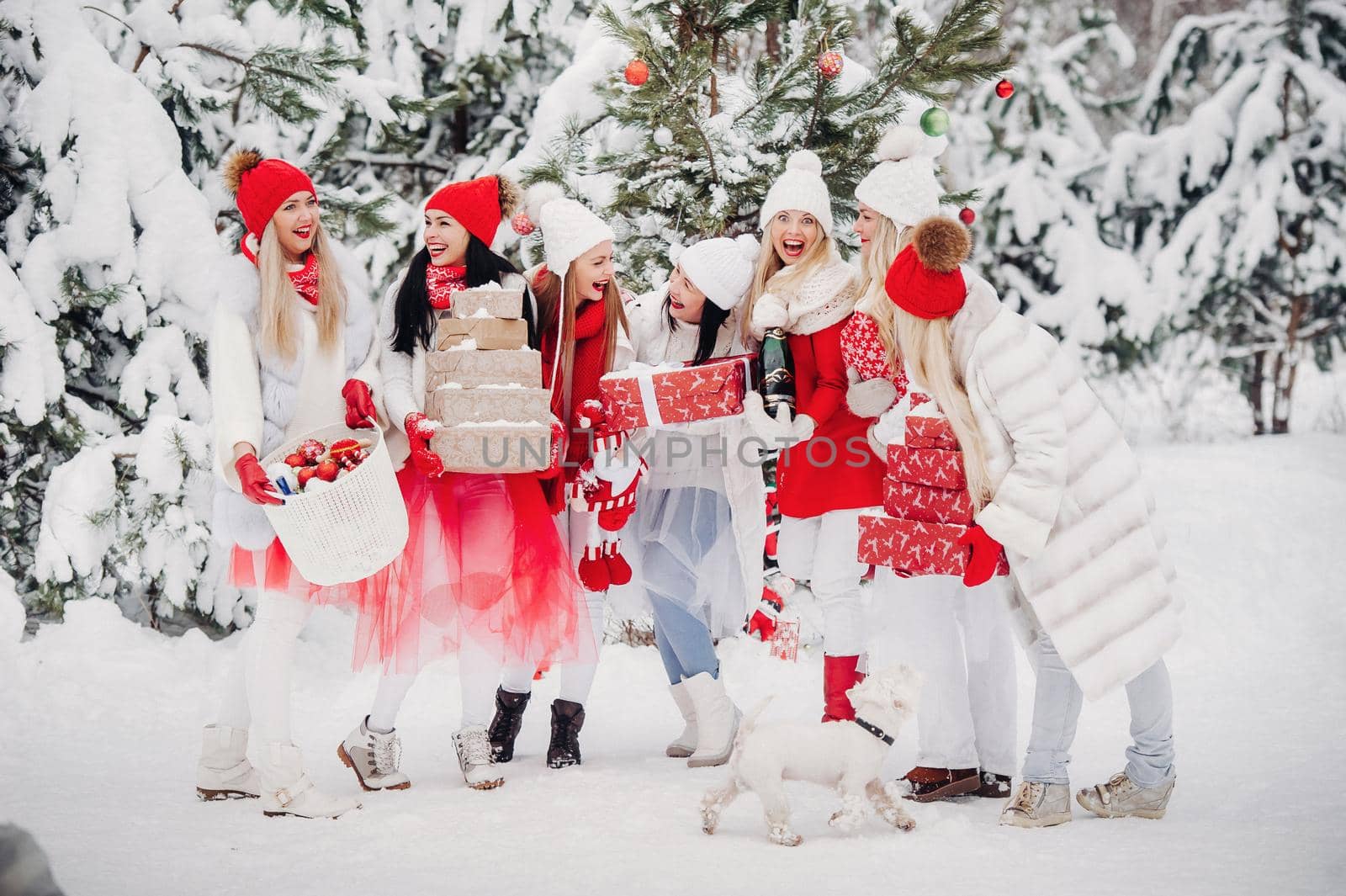 A large group of girls with Christmas gifts in their hands standing in the winter forest.Girls in red and white clothes with Christmas gifts in the snowy forest by Lobachad