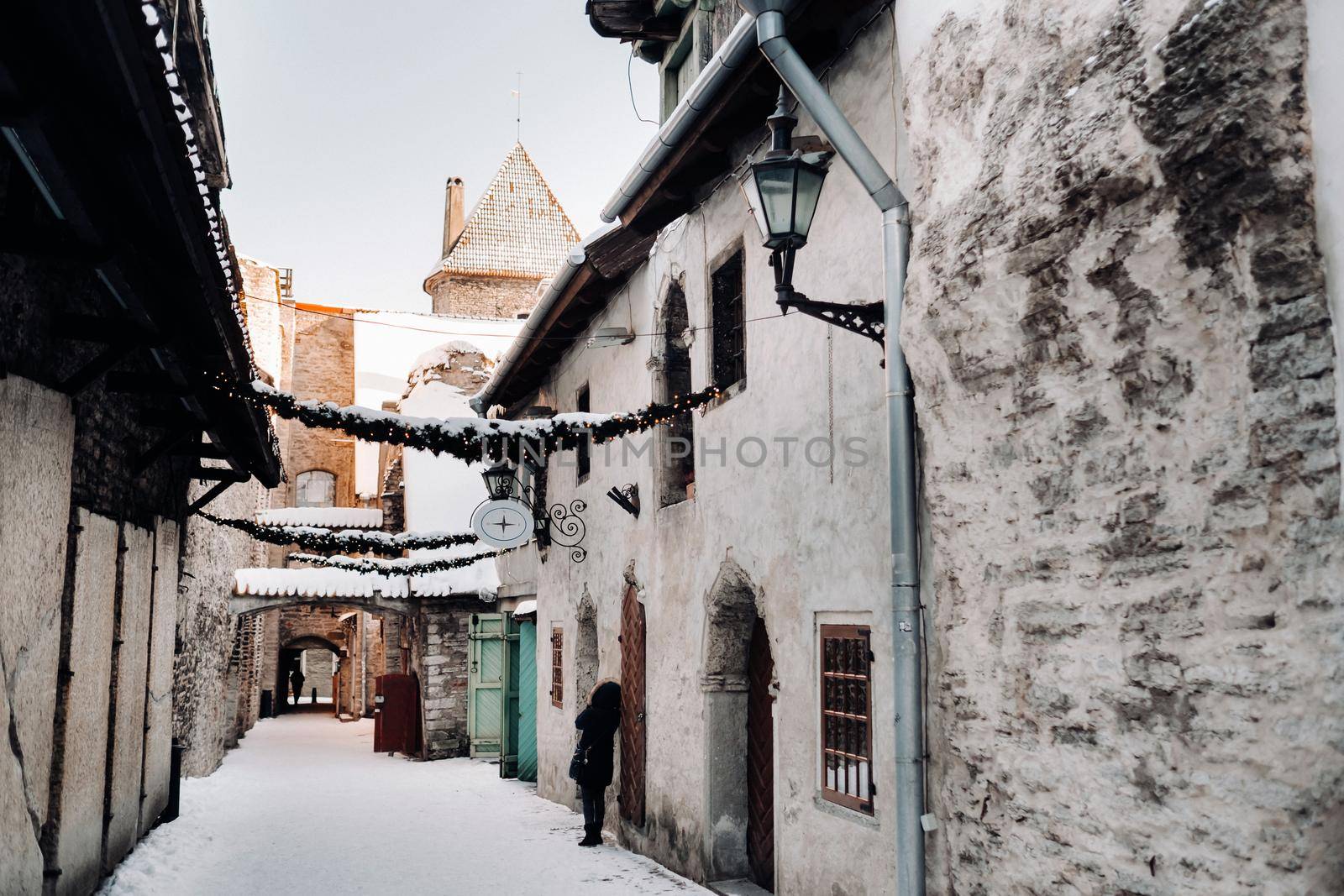 Winter View of the old town of Tallinn.Snow-covered city near the Baltic sea. Estonia.