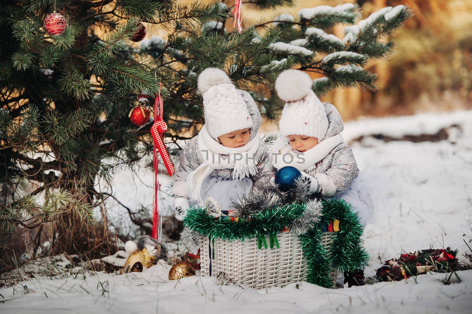 Two little twin girls in white suits take out Christmas balls from a basket near the Christmas tree in winter on the street.