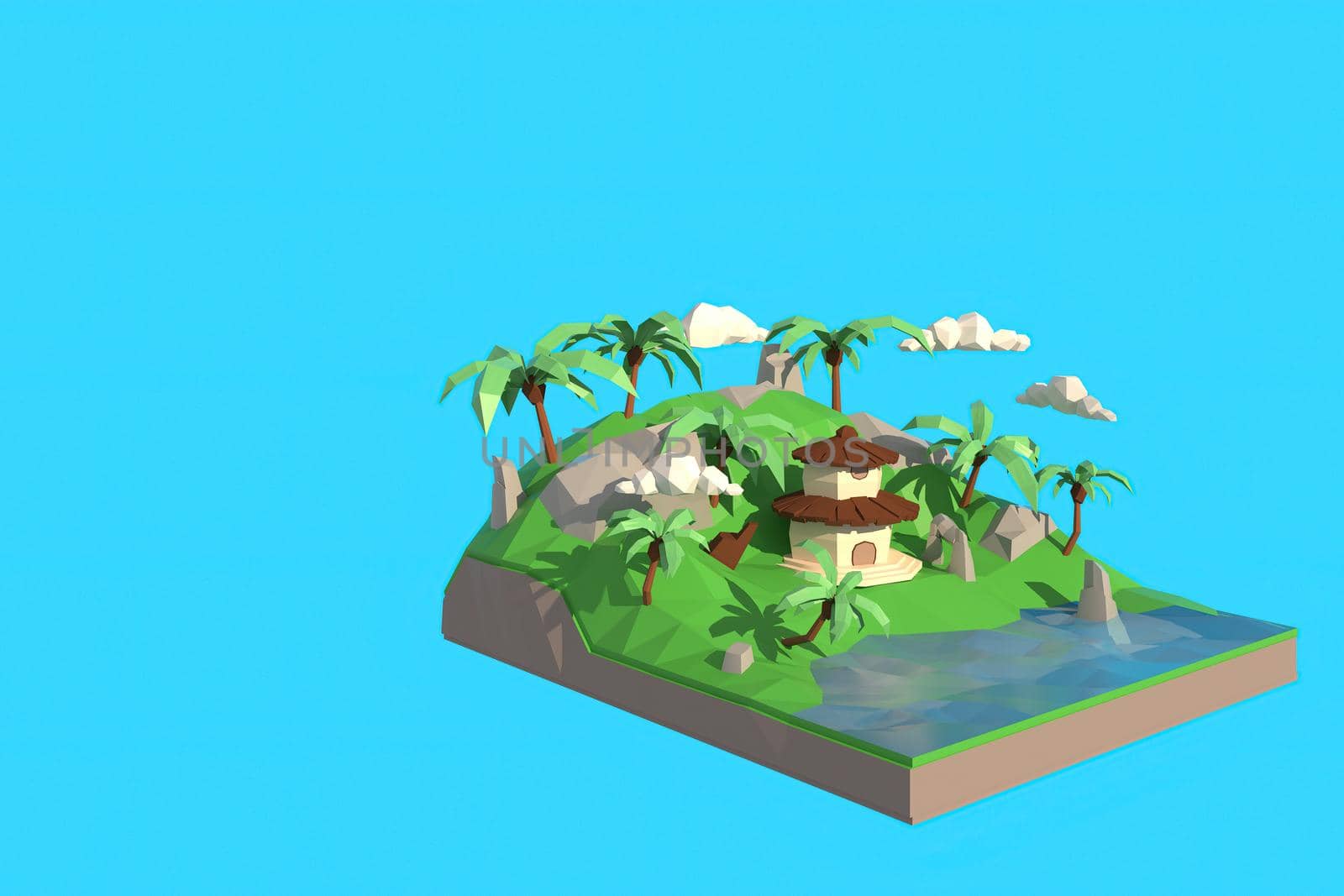 3D illustrator of house in the island. 3d rendering Low Polygon Geometry. Lowpoly Minimal Style Art.