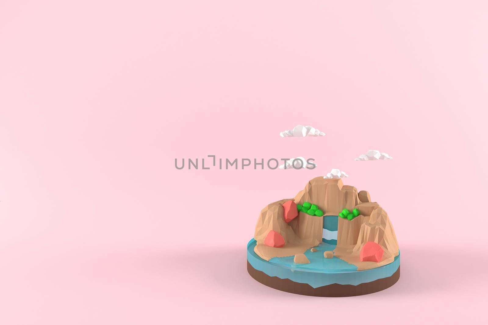 3D illustrator the green and red rocks in the mountains. 3d rendering Low Polygon Geometry. Lowpoly Minimal Style Art.