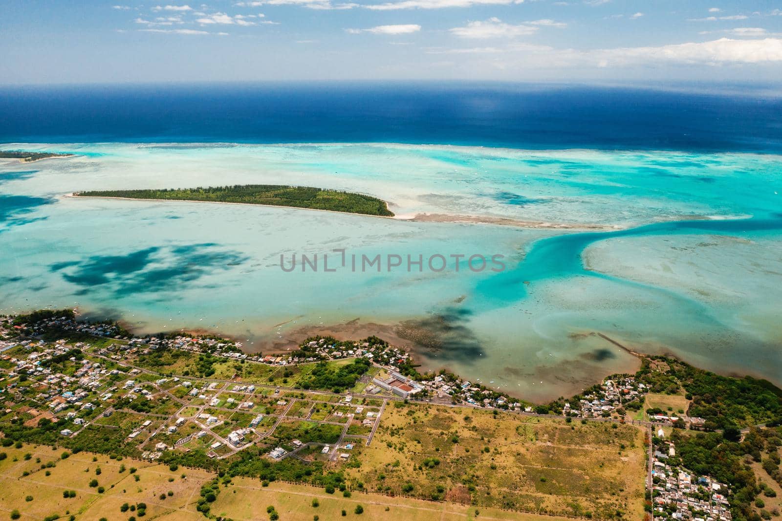 The view from the bird's eye view on the coast of Mauritius. Amazing landscapes of Mauritius.Beautiful coral reef of the island.