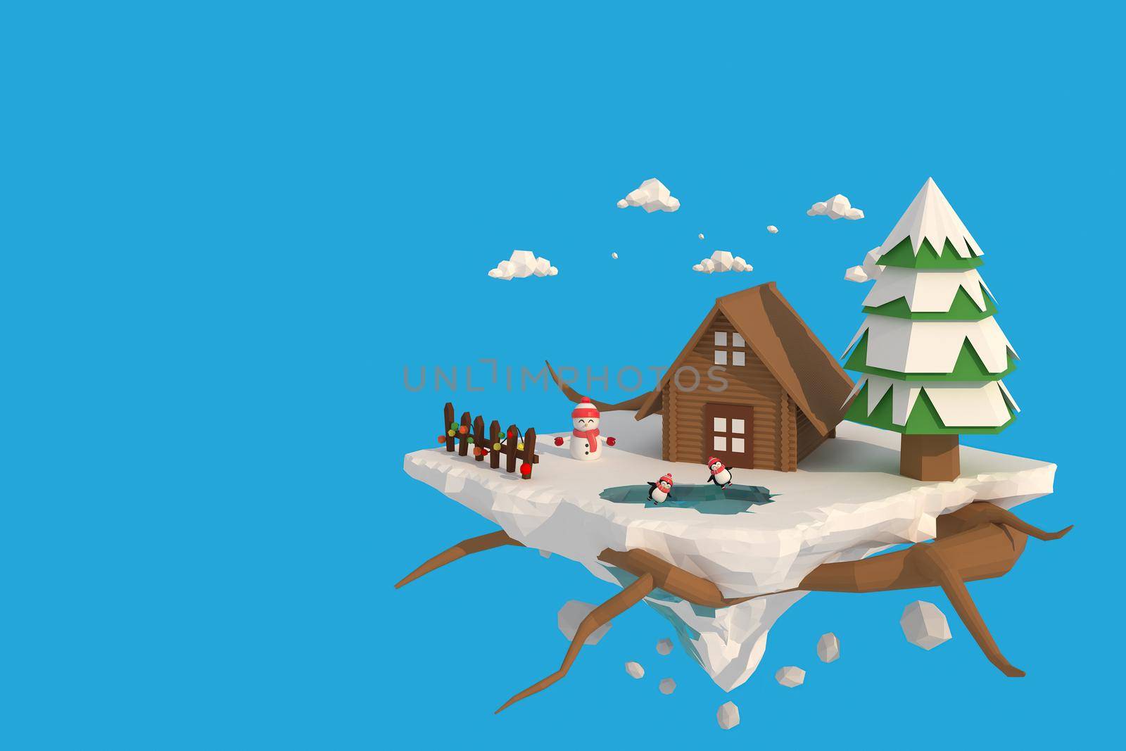 3D illustrator of house in the snow. 3d rendering Low Polygon Geometry. Lowpoly Minimal Style Art.