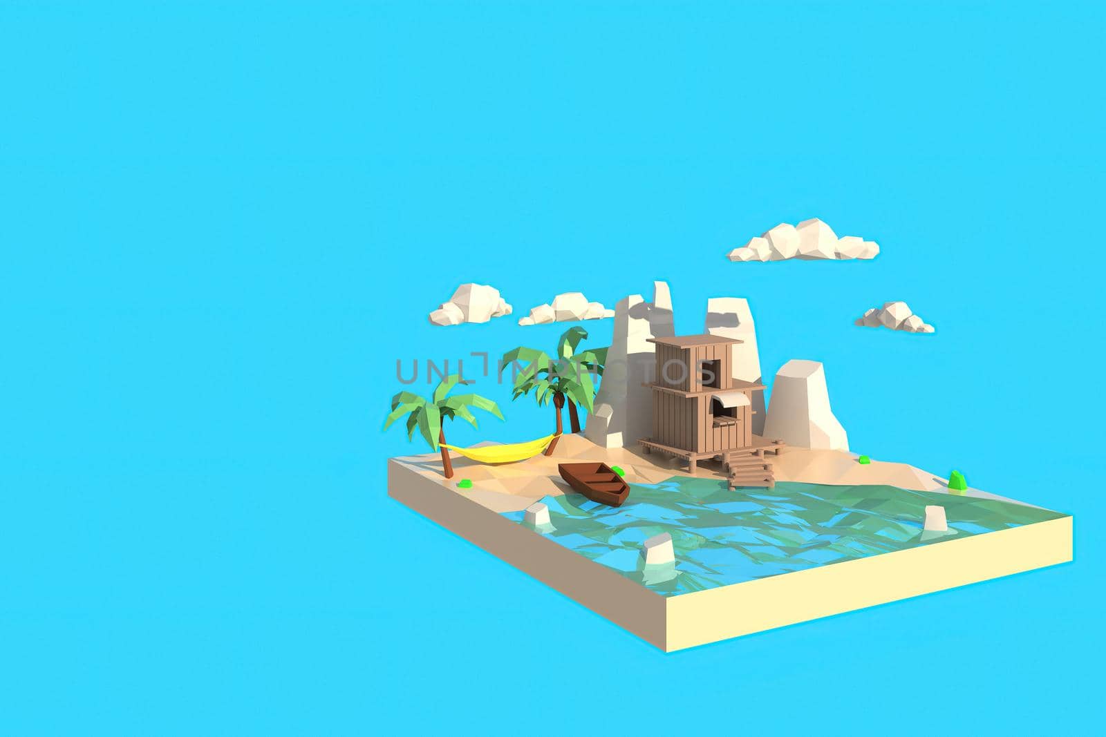 3D illustrator of house by the sea. 3d rendering Low Polygon Geometry. Lowpoly Minimal Style Art.