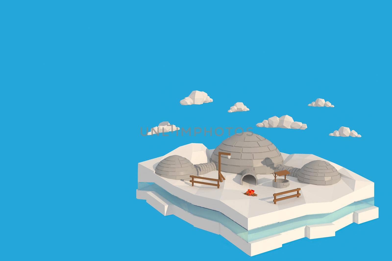 3D illustrator of house in the snow. 3d rendering Low Polygon Geometry. Lowpoly Minimal Style Art.