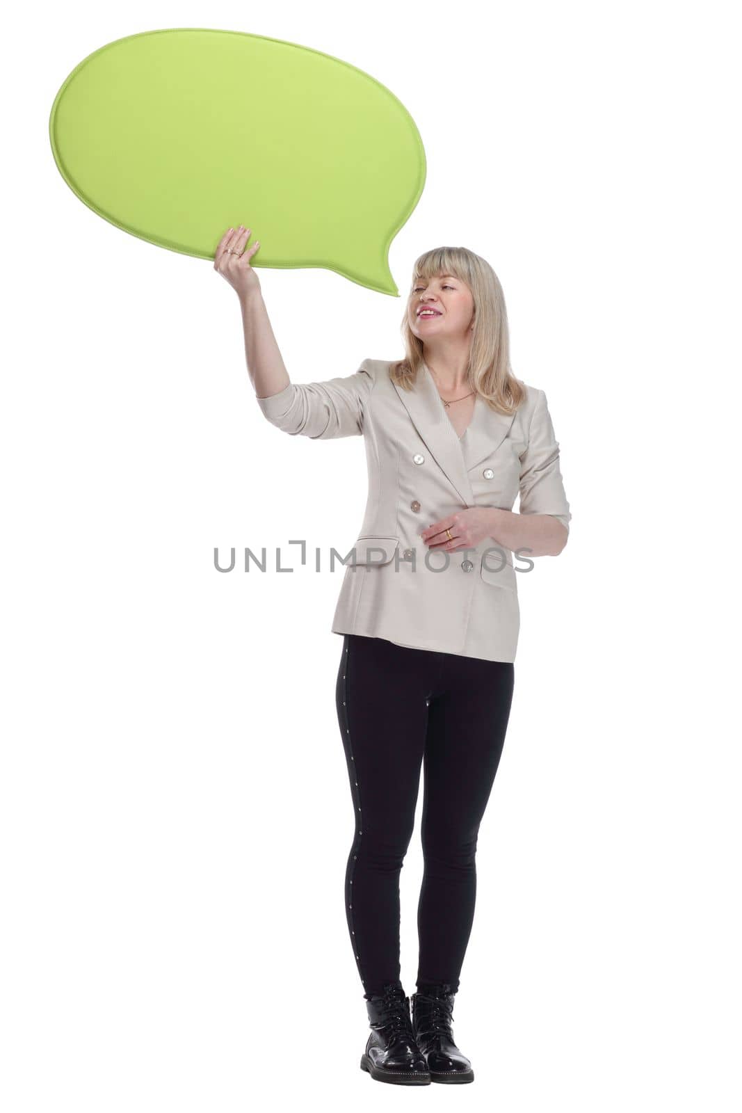 in full growth.female customer with a speech bubble . isolated on a white background.