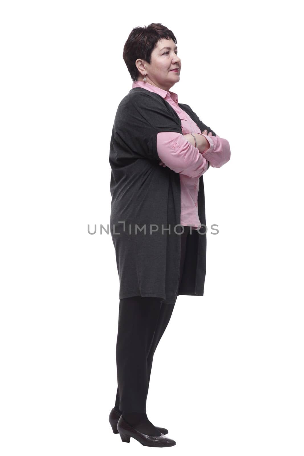 full length . a smiling adult woman pointing at you . isolated on a white background