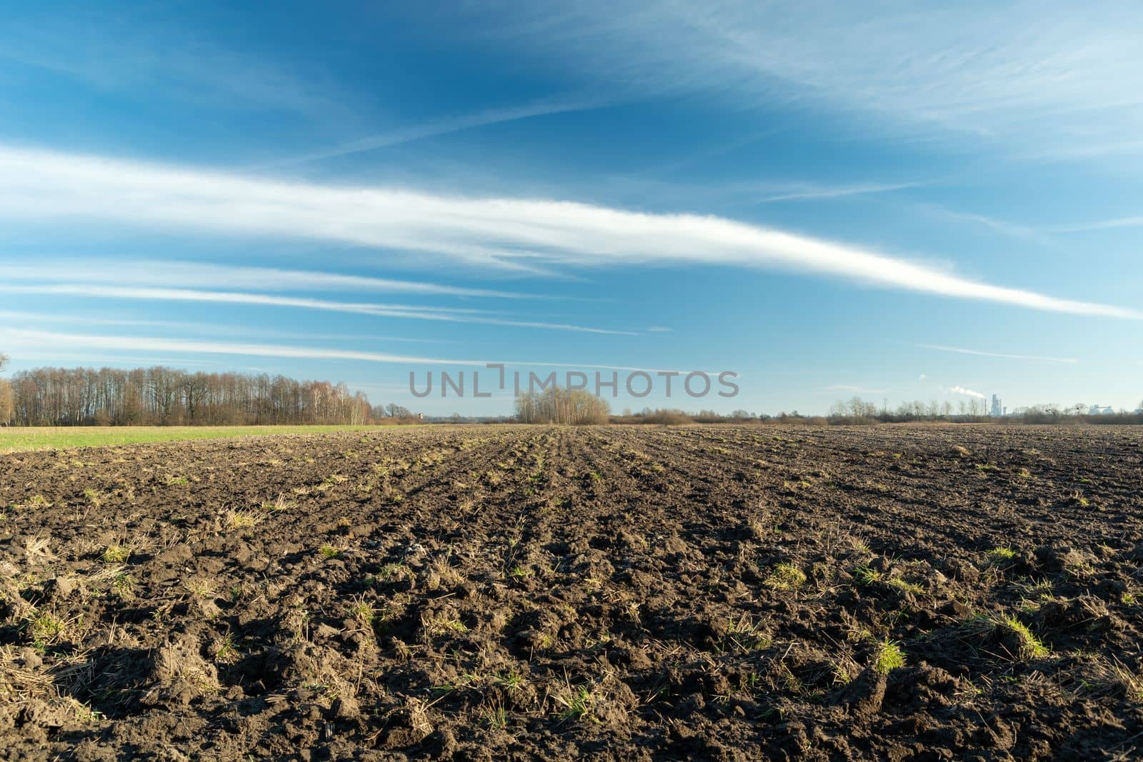 Plowed field and white clouds on a blue sky in eastern Poland by darekb22