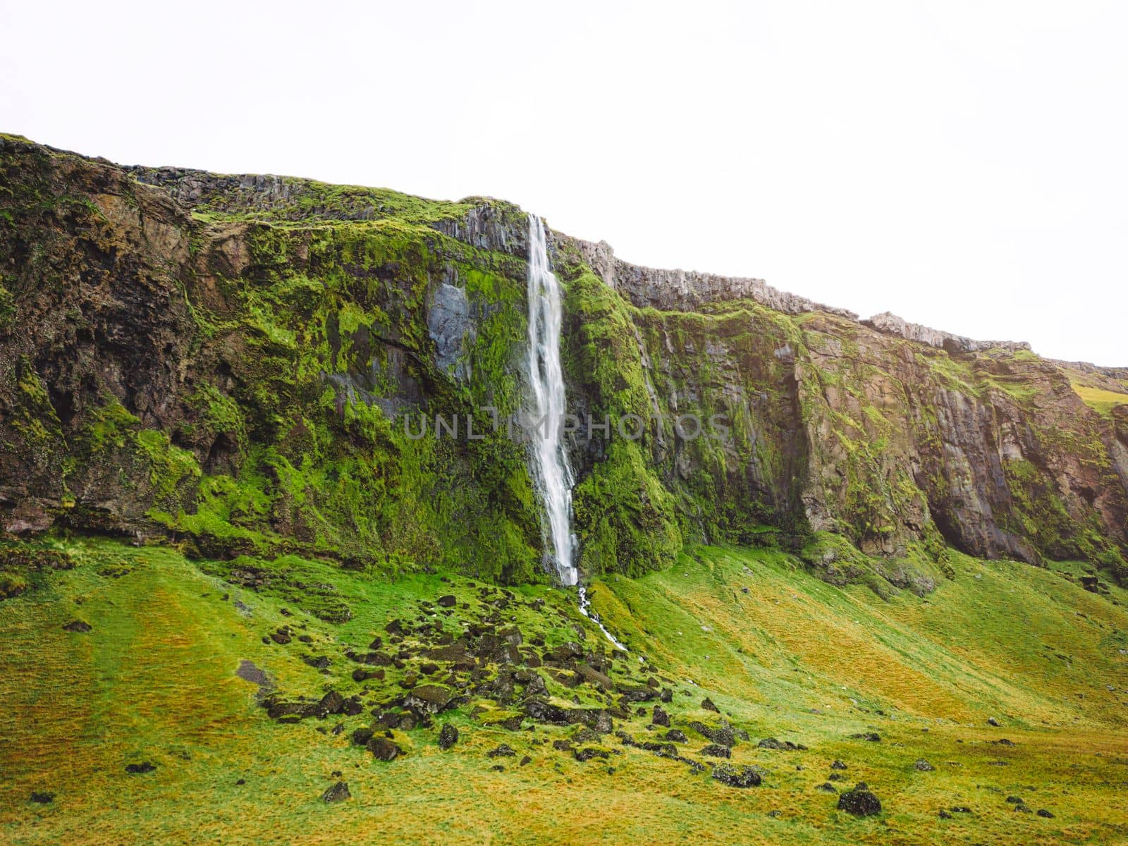 Iceland waterfall nature travel landscape in Icelandic nature background. Popular tourist attraction summer holiday destination in on South Iceland. High quality photo