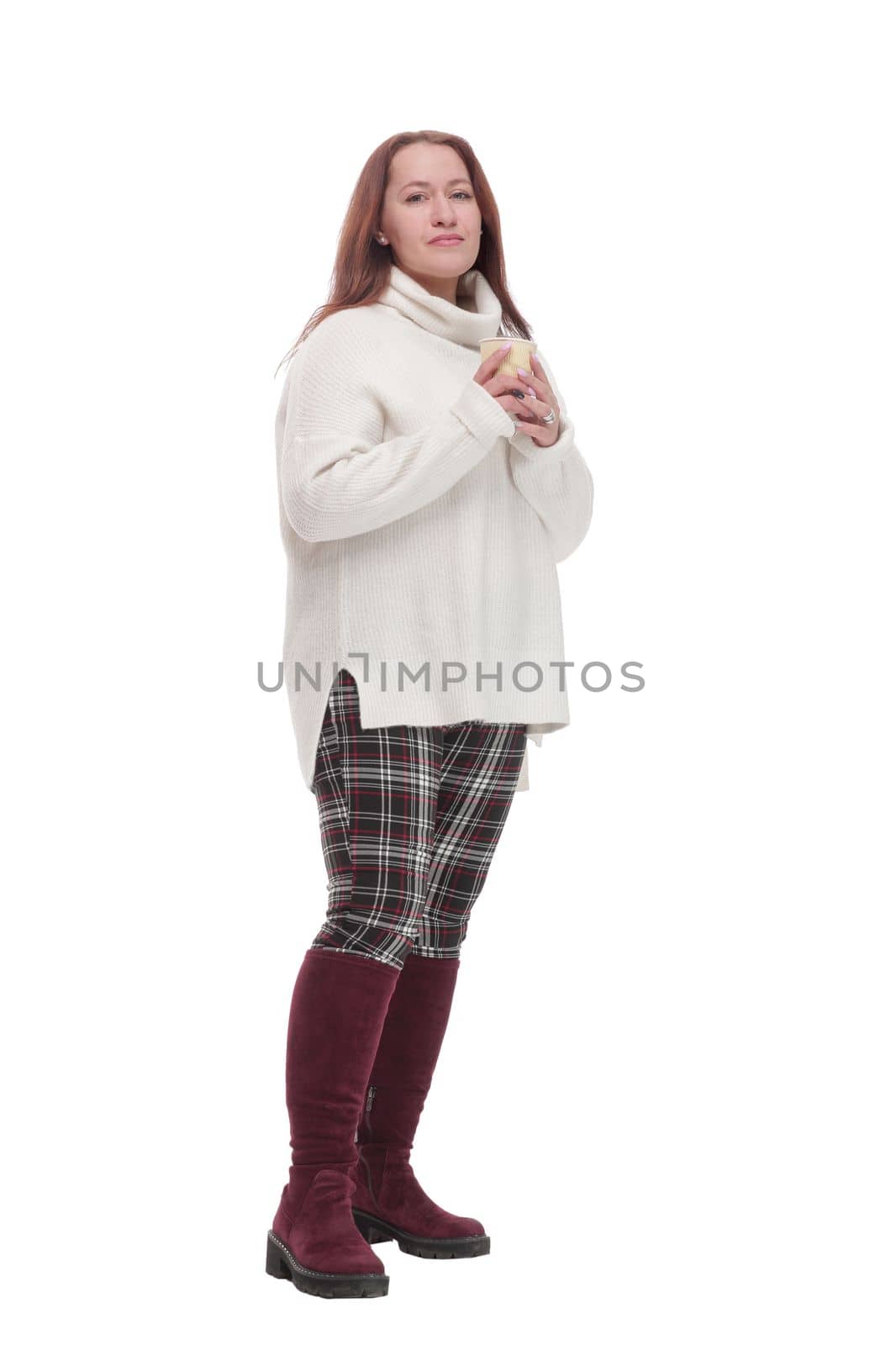 casual attractive woman with takeaway coffee.isolated on a white background. by asdf