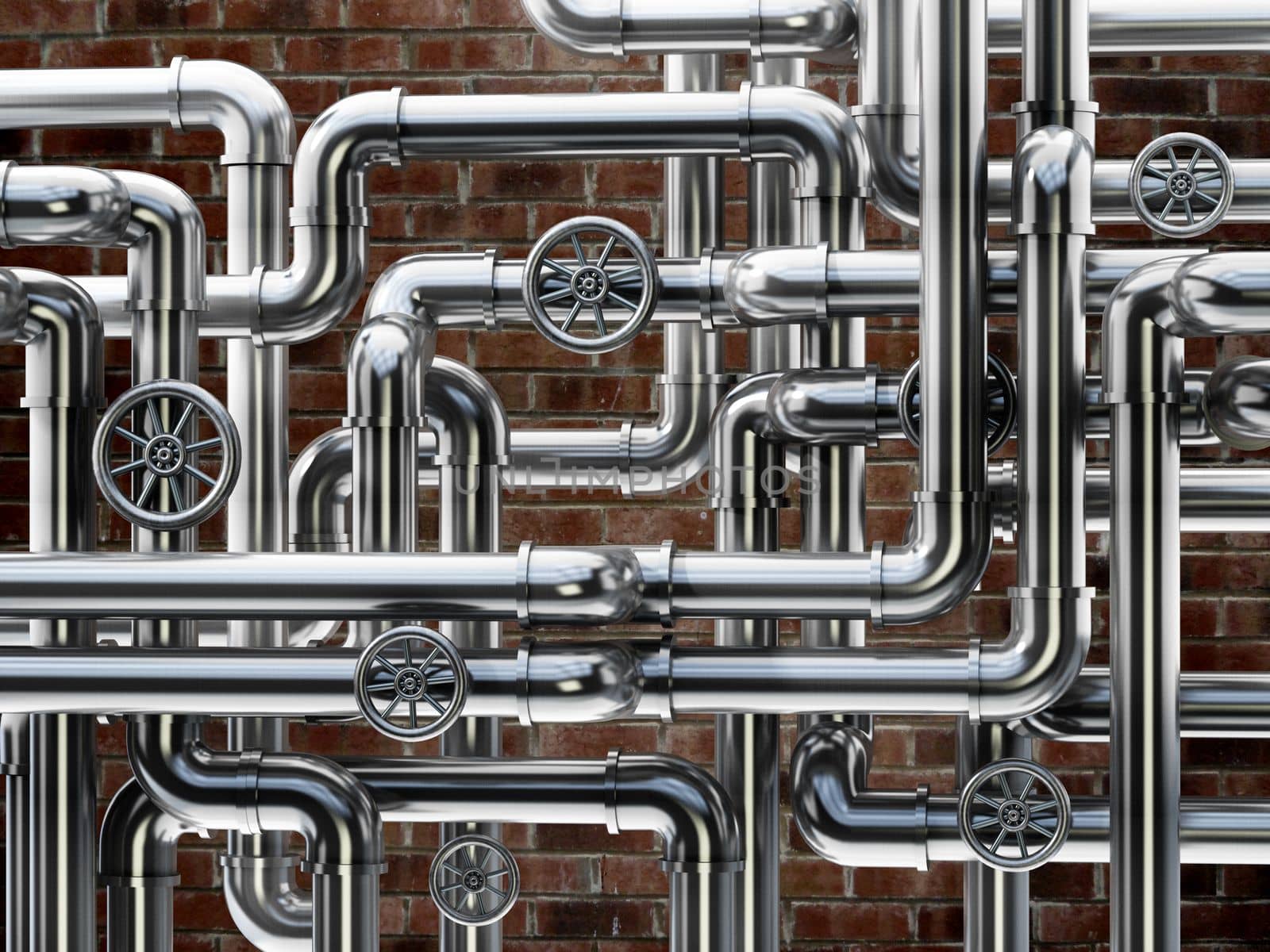 Metal water pipes against brick wall. 3D illustration by Simsek