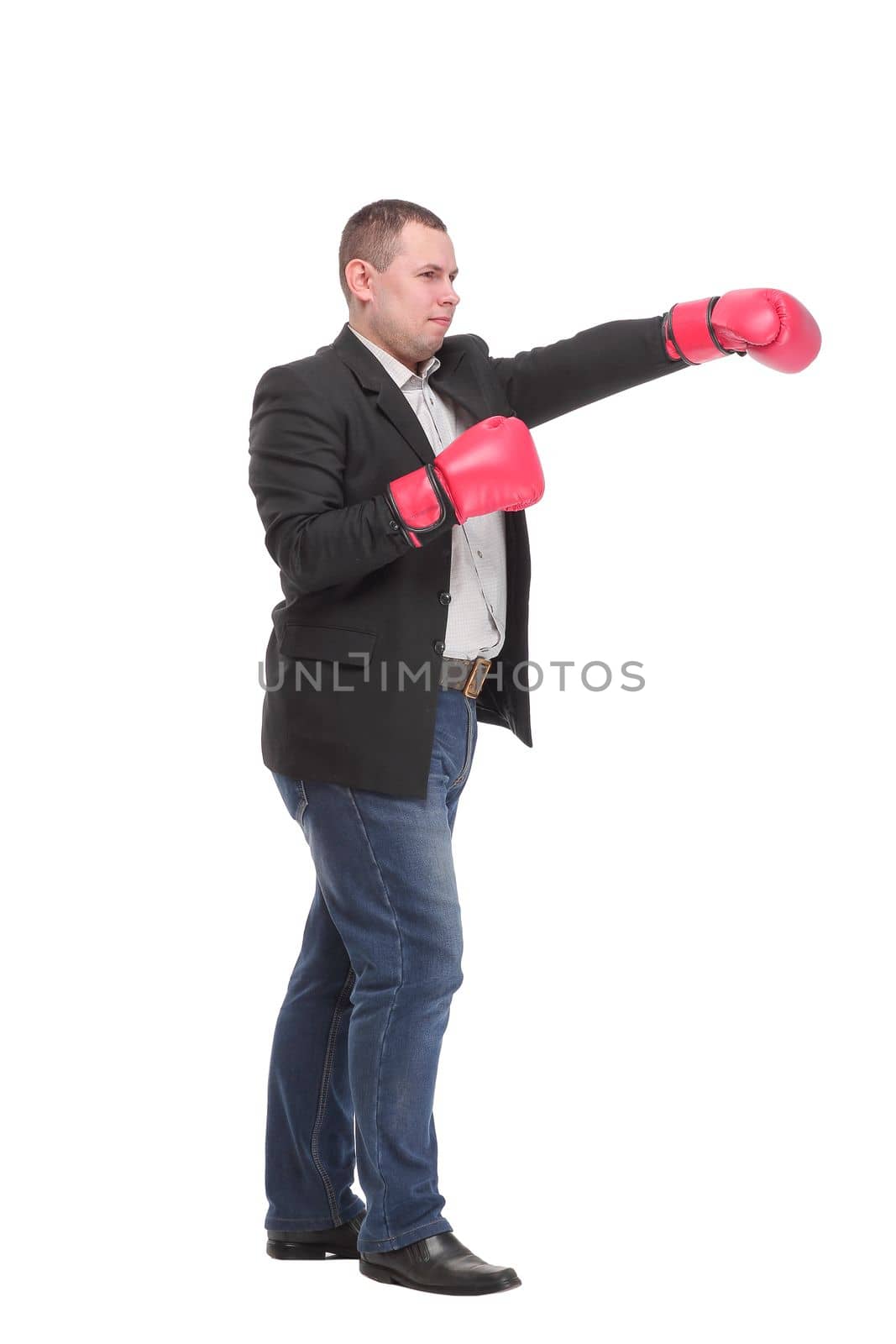 Profile of successful businessman punching and hitting with boxing gloves in full length isolated on white background, Business competition concept,
