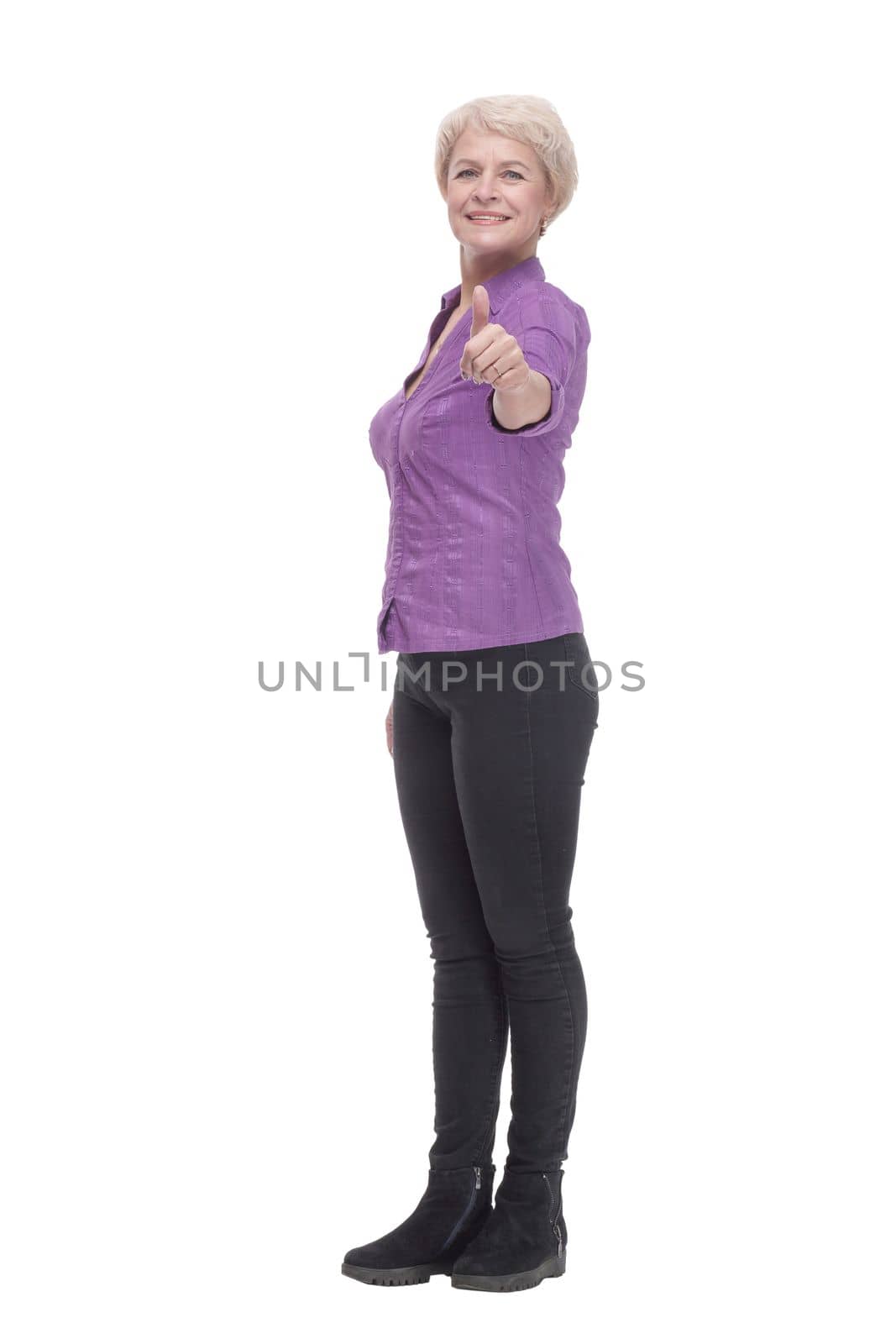 in full growth. attractive mature woman in casual clothing. isolated on a white background.