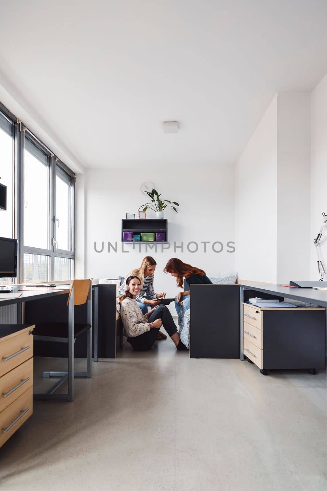 Group of three roommates, college student, young caucasian women, spending time together in their room, studying, talking, having fun, laughing.