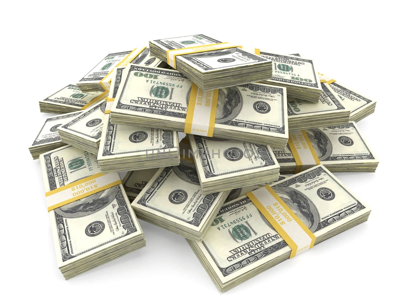 100 dollar bills forming money pile isolated on white background. 3D illustration.