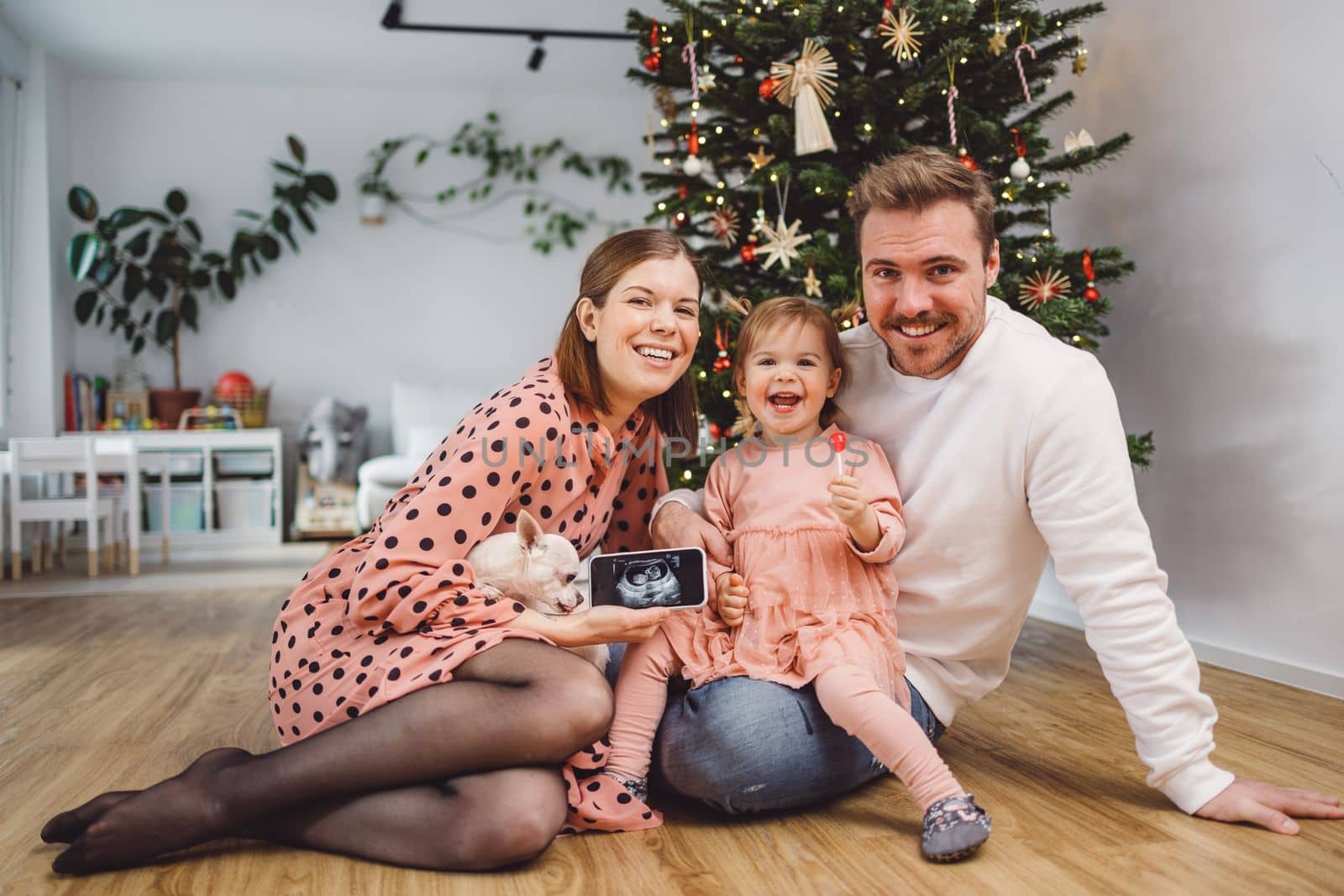 Cheerful young family announces a baby coming in the new year on Christmas day by VisualProductions