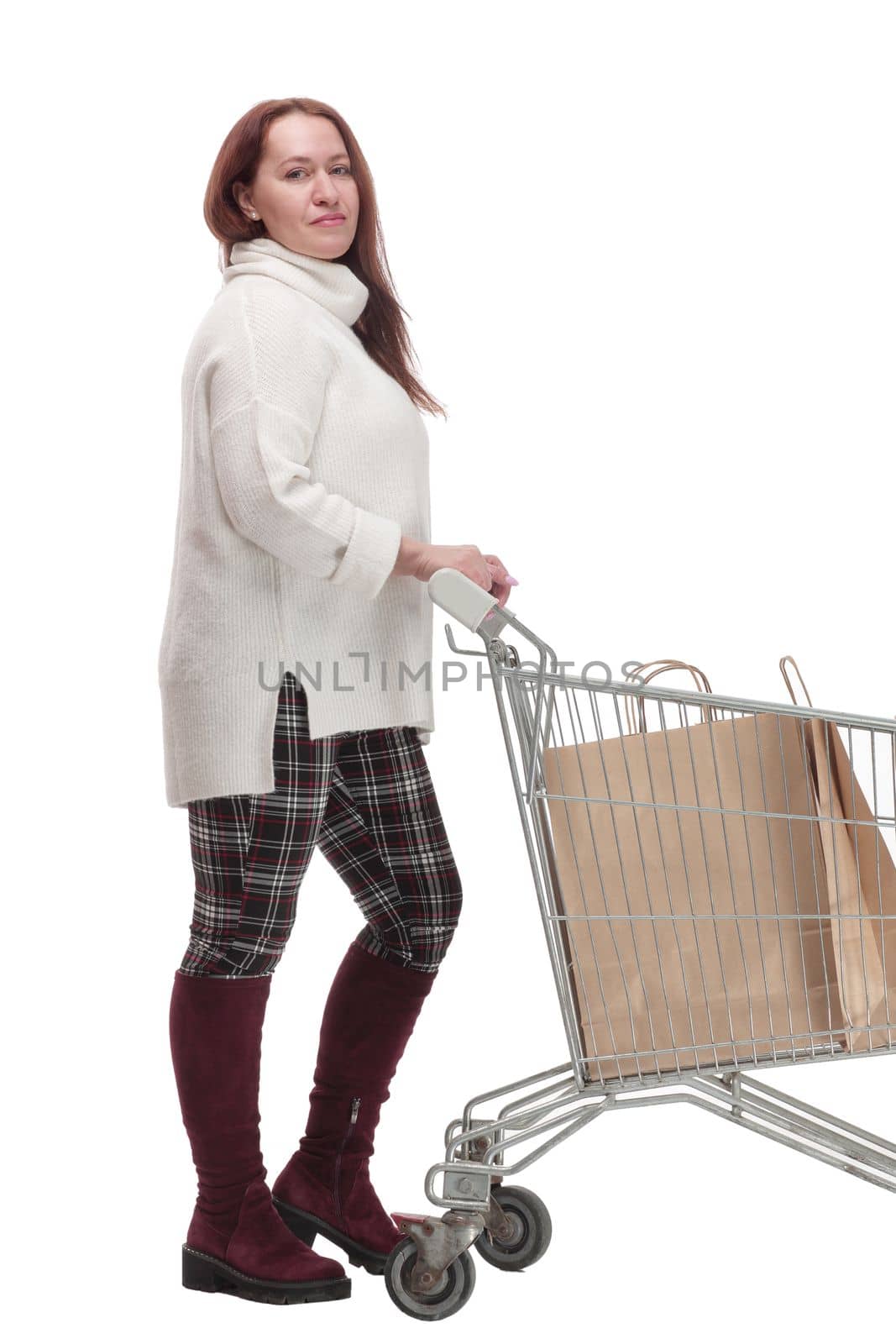 casual woman with shopping cart .isolated on a white background. by asdf