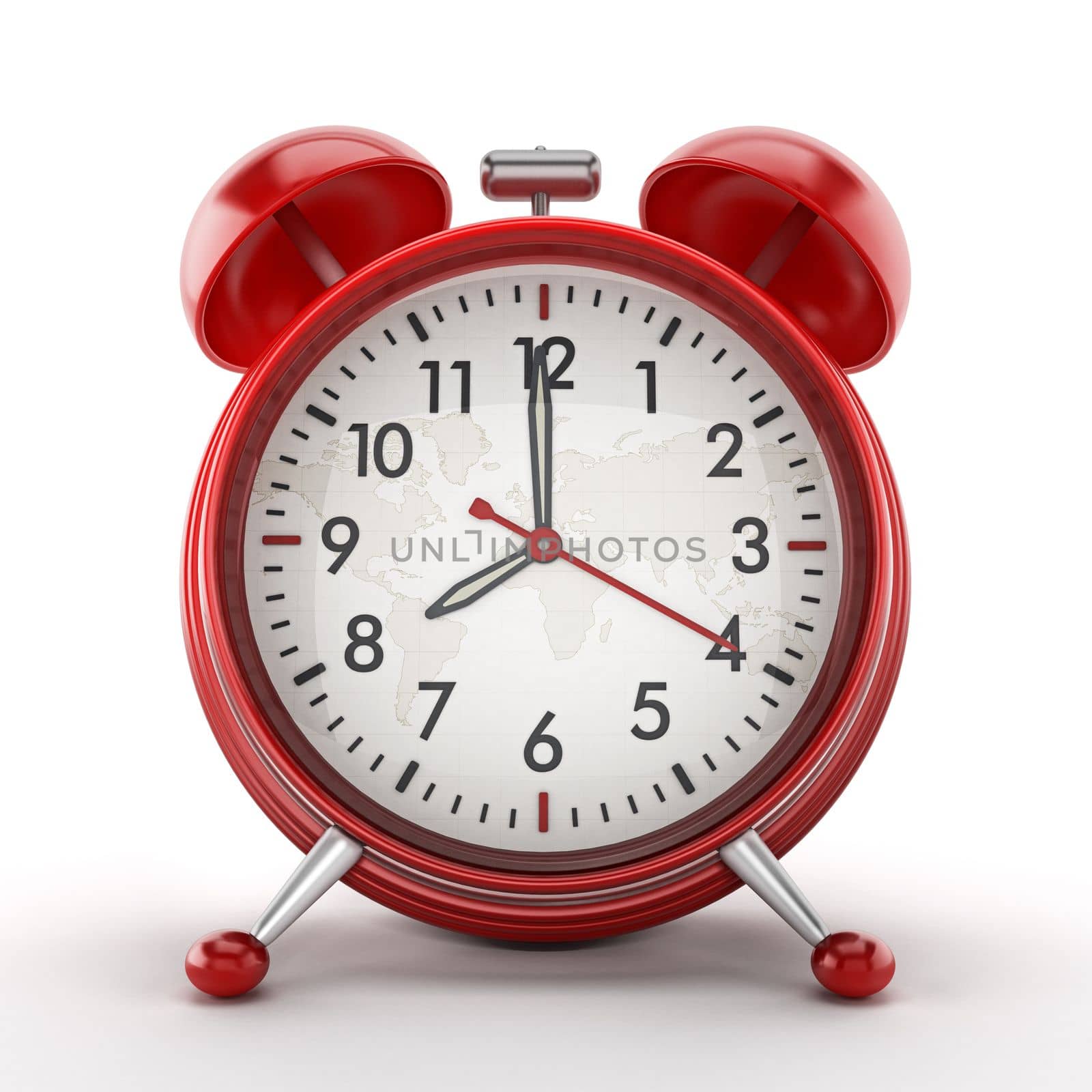 Red alarm clock on white background. 3D illustration by Simsek