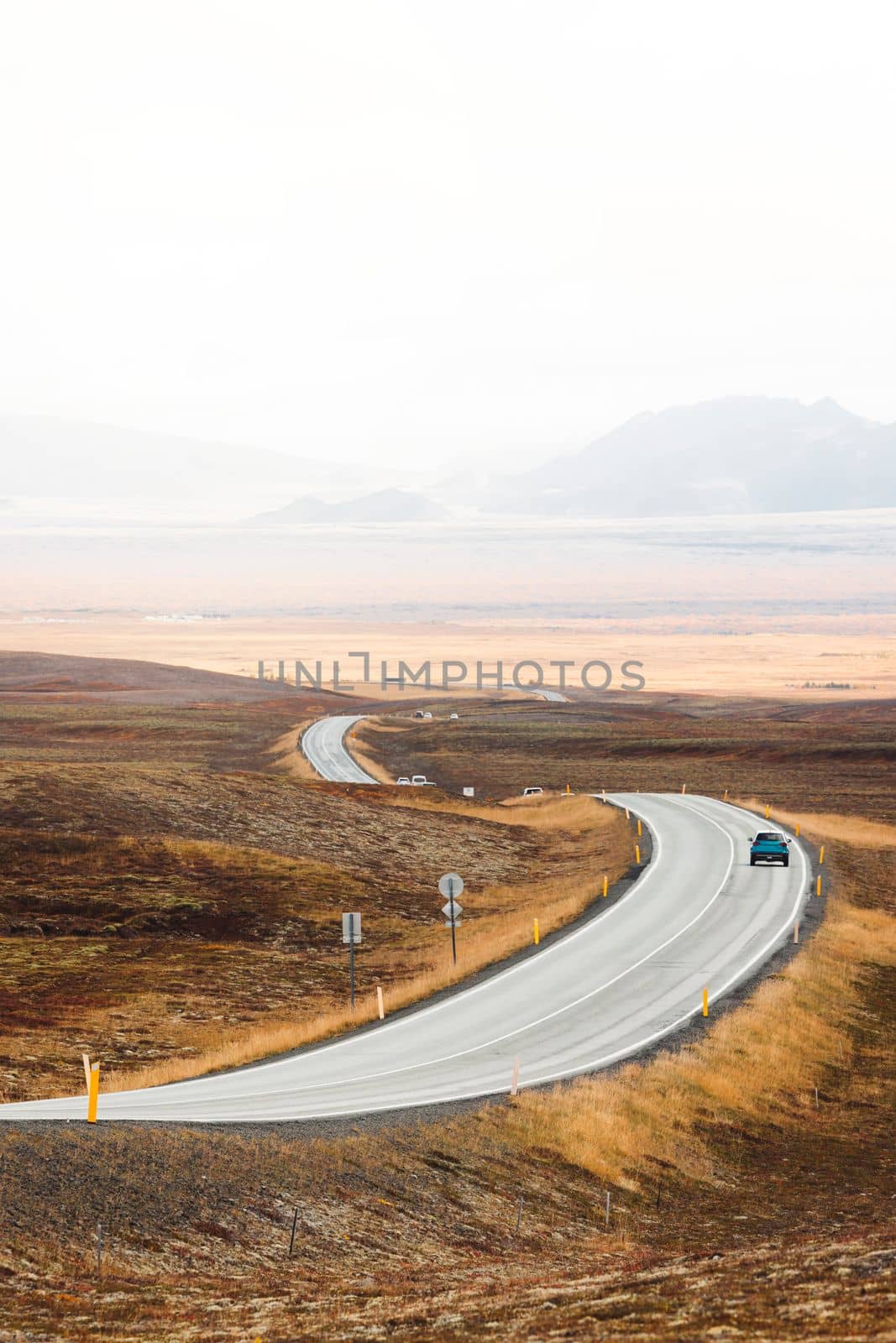 Scenic view on the asphalt road with stones and vegetation on roadsides, selective focus. High quality photo.