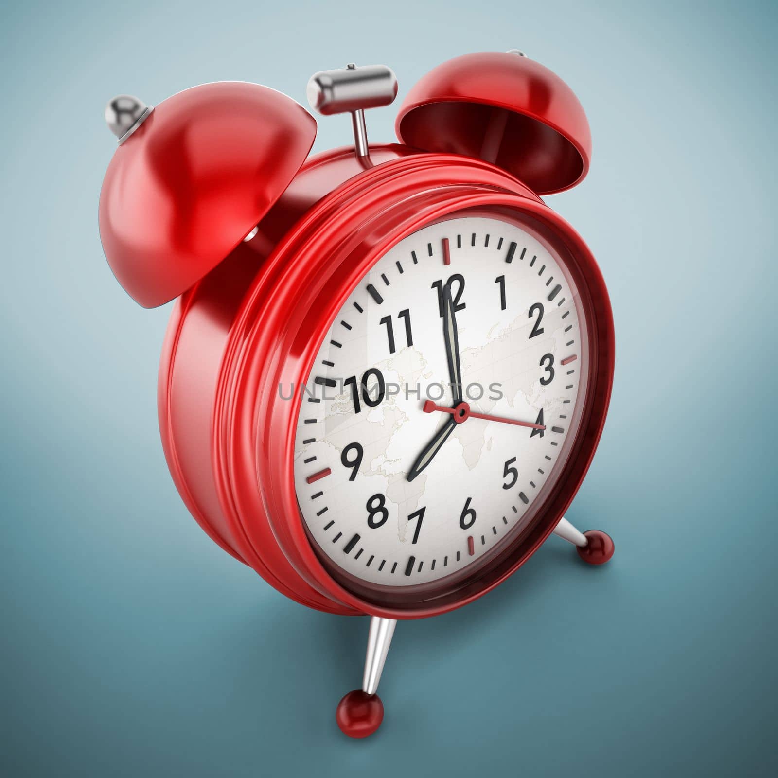 Red alarm clock on blue background. 3D illustration by Simsek