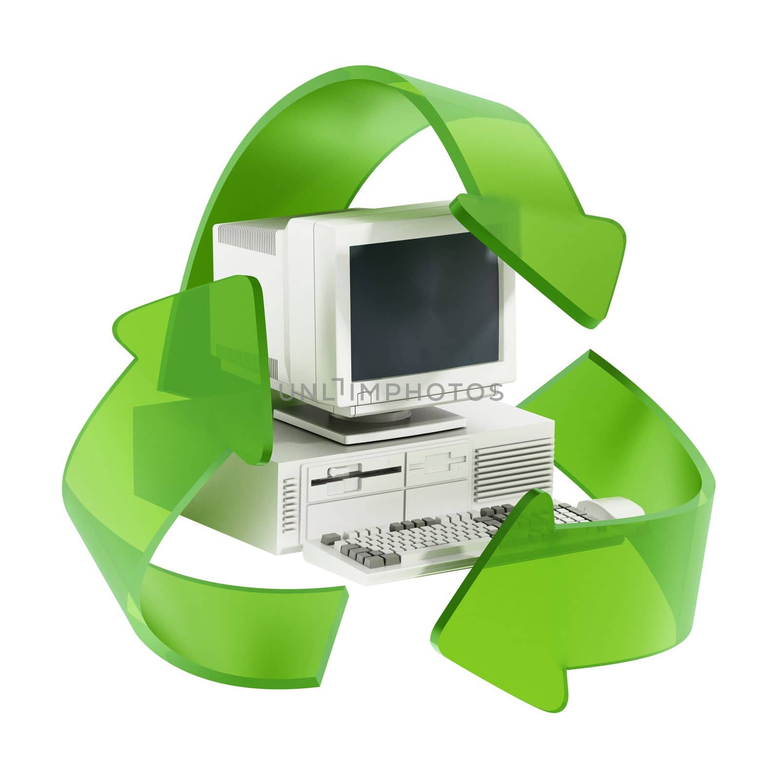 Recycling old computer equipment concept. 3D illustration.