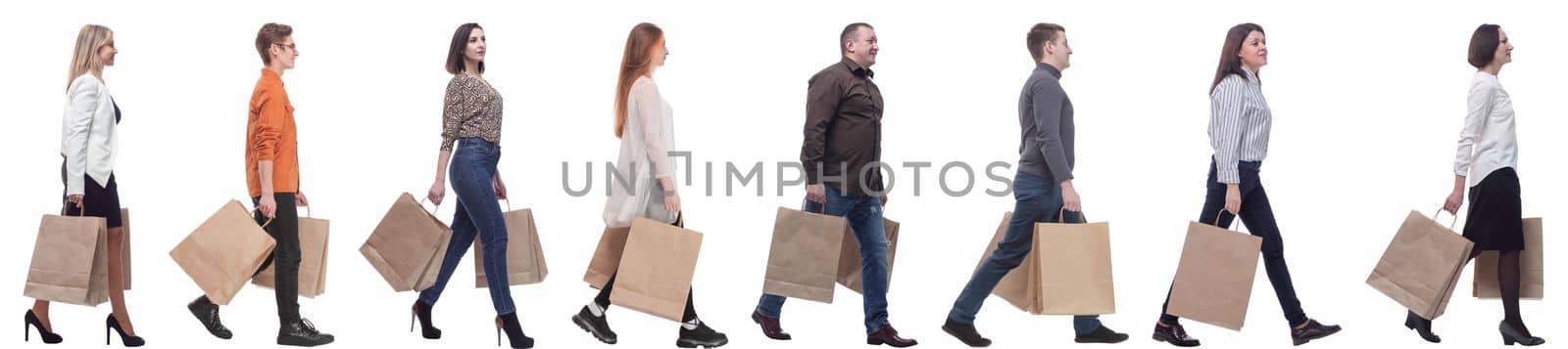 a group of people stand in line with shopping bags. isolated on white