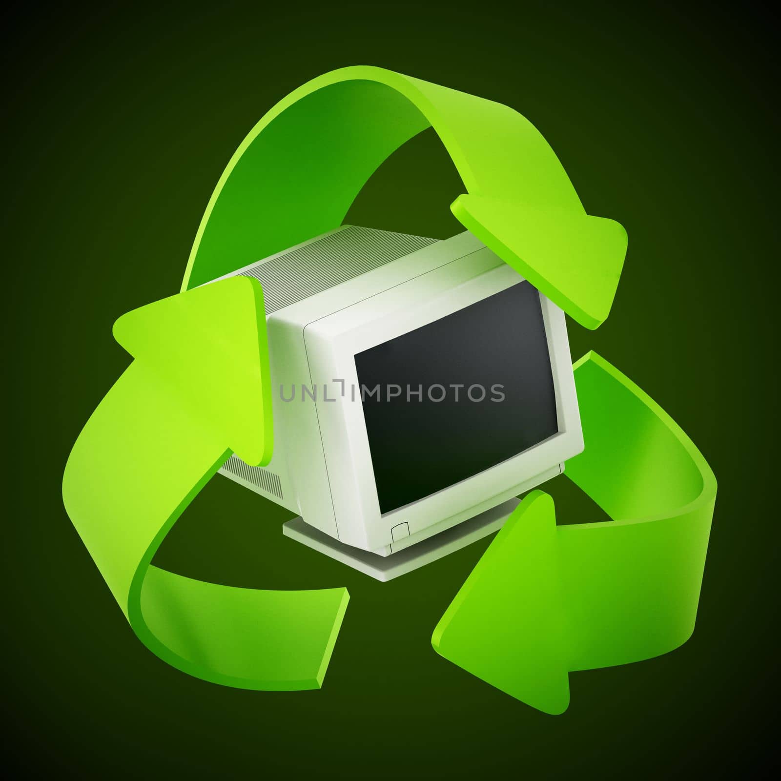 Recycling old computer equipment concept. 3D illustration by Simsek
