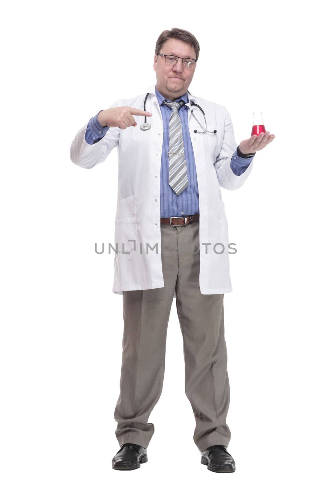 in full growth. General practitioner with a laboratory flask.isolated on a white background.