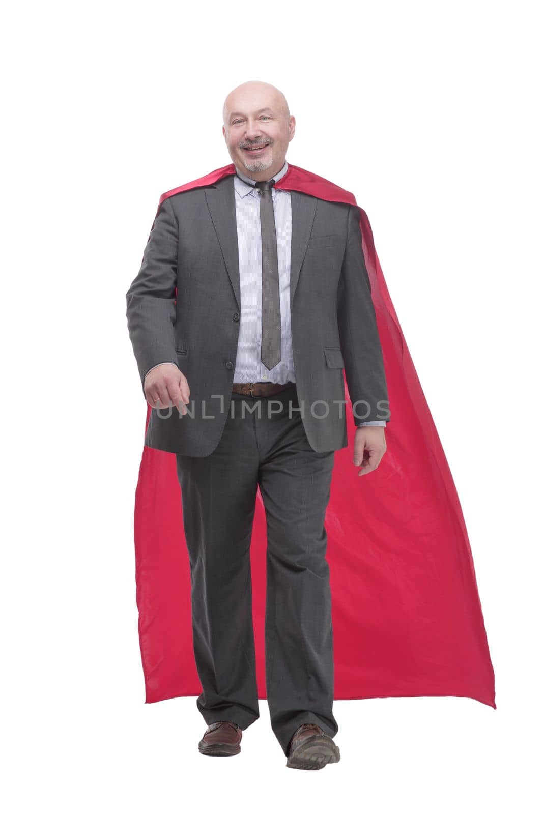 in full growth. confident businessman in a superhero Cape. isolated on a white background.