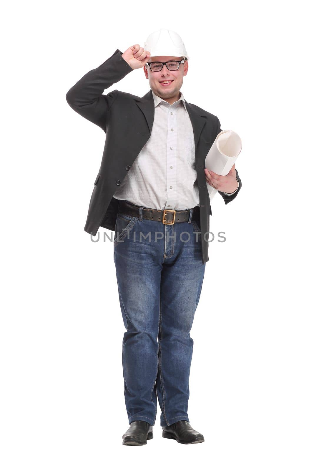 Happy young successful architect wearing hardhat with blueprint on white background