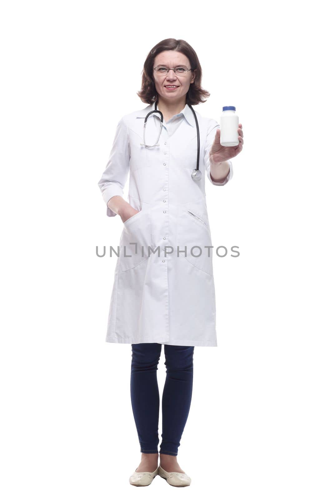 Mature female doctor with disinfectant in hand. isolated on a white background.
