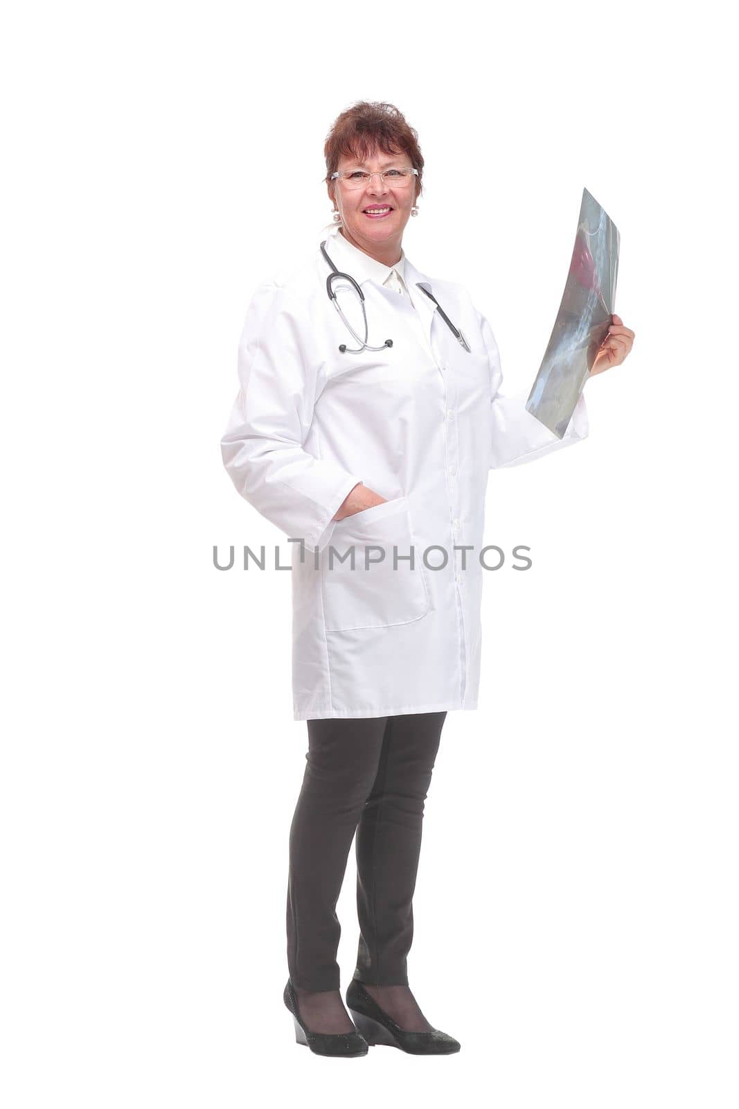 Side view of medical doctor examing x-ray image. Isolated over white background. Concept of patient care