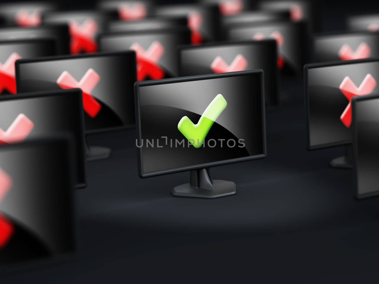 LED monitor with green tick standing out against others with cross.Selective focus. 3D illustration by Simsek
